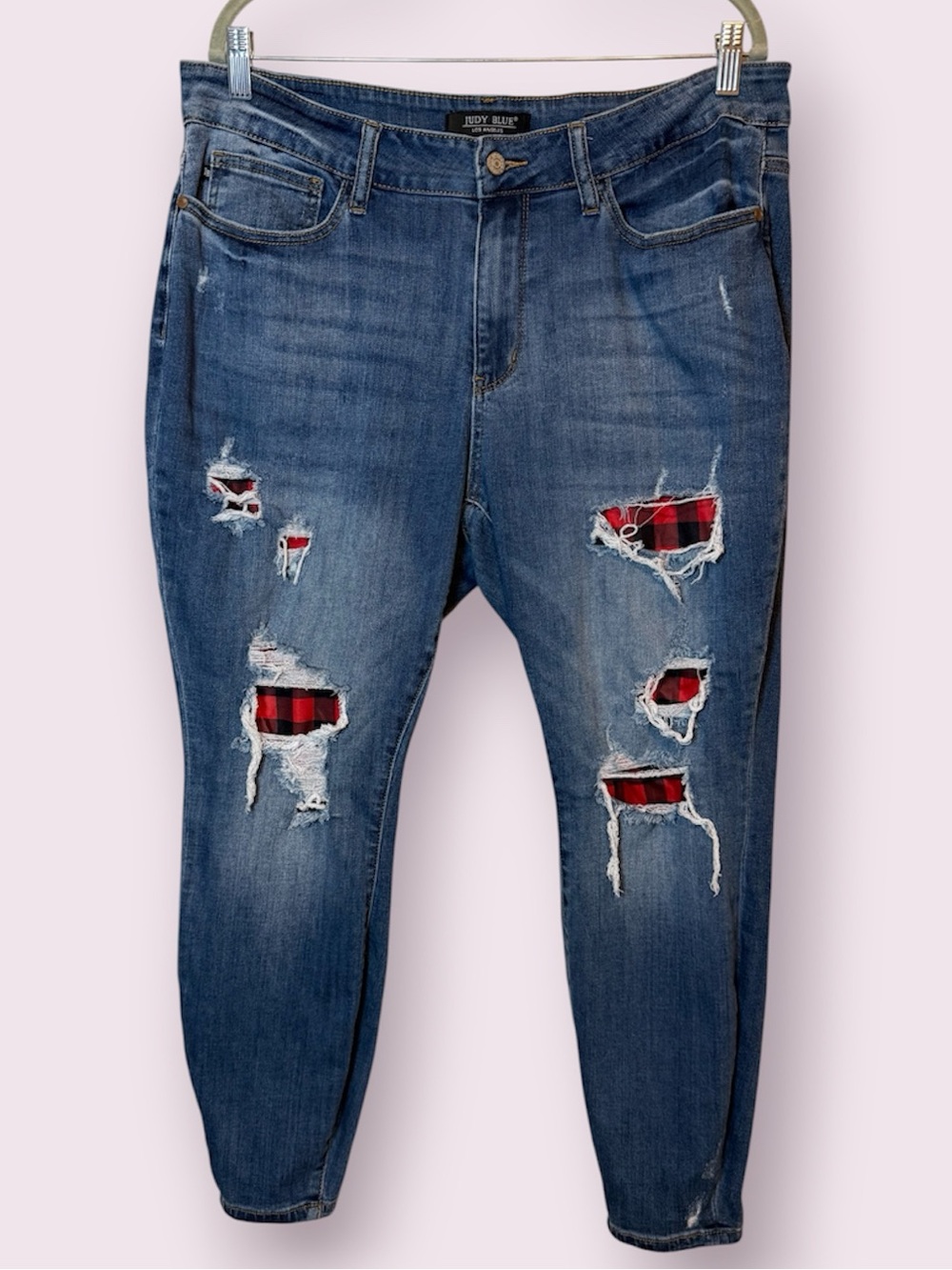 Judy Blue Distressed Buffalo Plaid Patch Ripped Stretch Jeans Size 18 W
